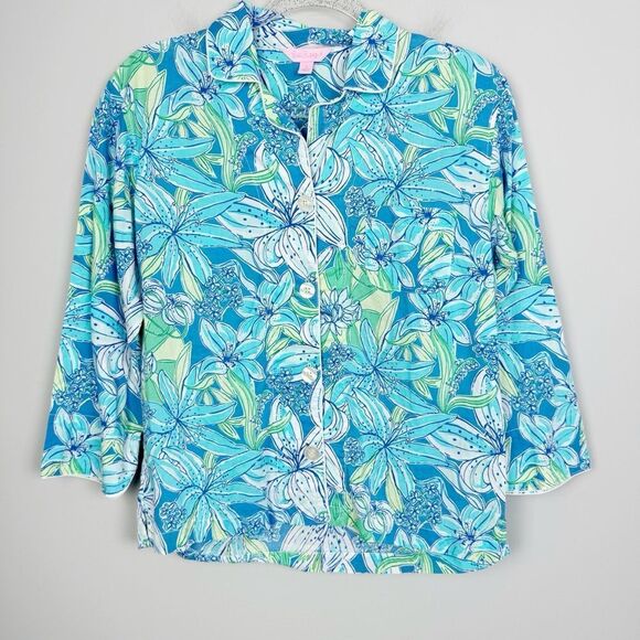 LILLY PULITZER | Pick Of the Bunch Blue Floral Button Pajama Top Women’s Size S - Picture 2 of 8
